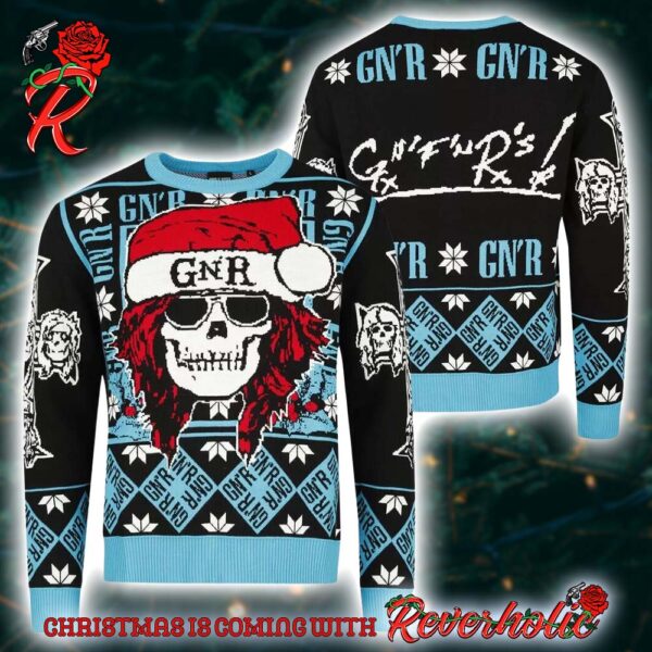 Guns N Roses Iconic Skull With GNR Santa Hat With Snowflake Pattern Knitted Black And Blue Ugly Christmas Sweater