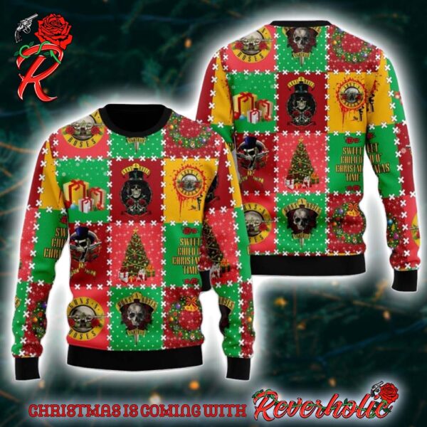 Guns N Roses Sweet Child O Christmas Time Knitted Checker Board Pattern Holiday Theme Ugly Christmas Sweater