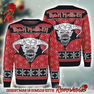 Iron Maiden Eddie The Head Satan Head With Snowflakes Pattern Knitted Holiday Ugly Christmas Sweater