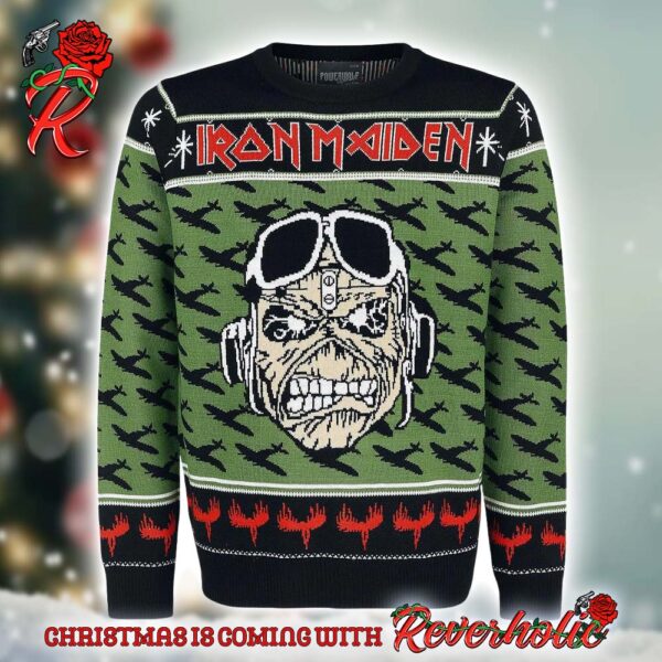 Iron Maiden Pilot Eddie With Airplane Pattern A Matter of Life and Death Knitted Ugly Christmas Sweater