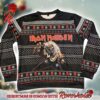 Iron Maiden Eddie From The Number of the Beast With Santa Hat Snowy Night Pattern Knitted Ugly Christmas Sweater