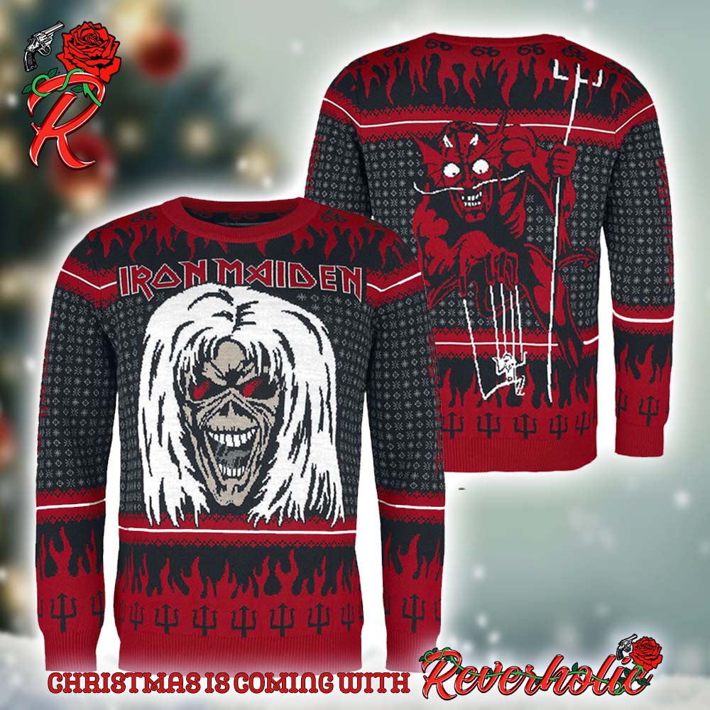 Iron Maiden The Number Of The Beast With Band Member Photo Holiday Pattern Knitted Ugly Christmas Sweater