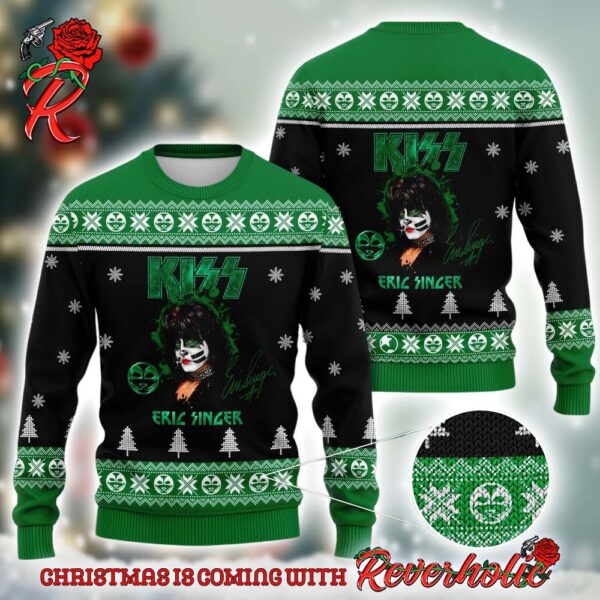 Kiss Band Eric Singer With Signature Green Knitted Ugly Christmas Sweater