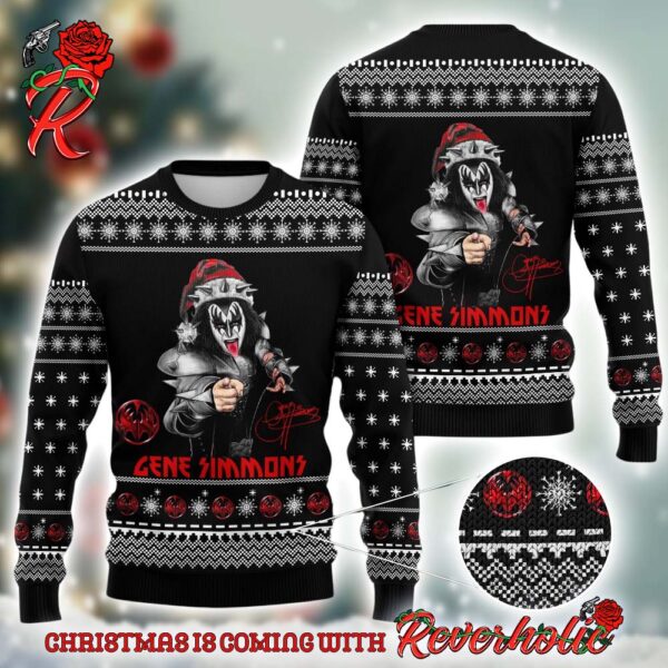 Kiss Band Gene Simmons With Santa Hat And Signature Knitted Black Ugly Christmas Sweater