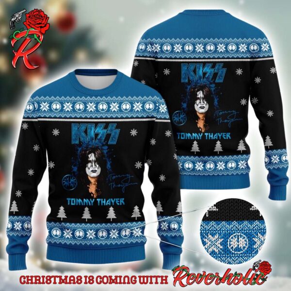 Kiss Band Tommy Thayer With Signature Holiday Gift Blue Ugly Christmas Ugly Sweater