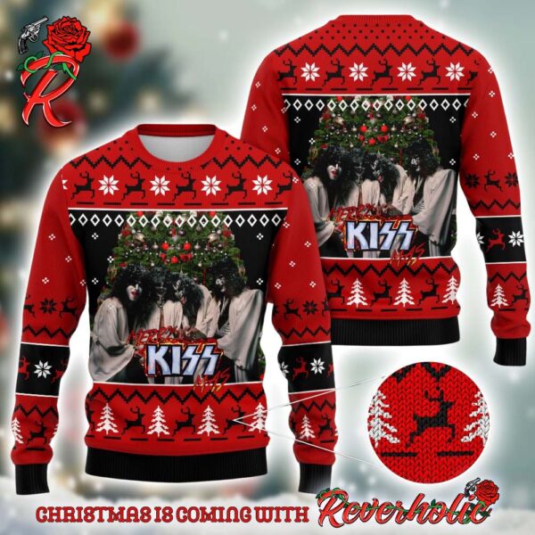 Kiss Band Xmas Tree Holiday Style With Reindeer Knitted Red Ugly Christmas Sweater