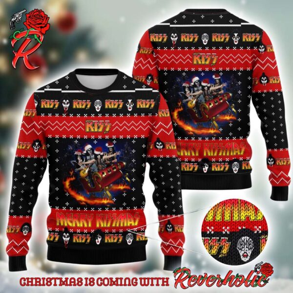 Kiss Rock Band On Sleigh Merry Kissmas 2024 Ugly Christmas Sweater