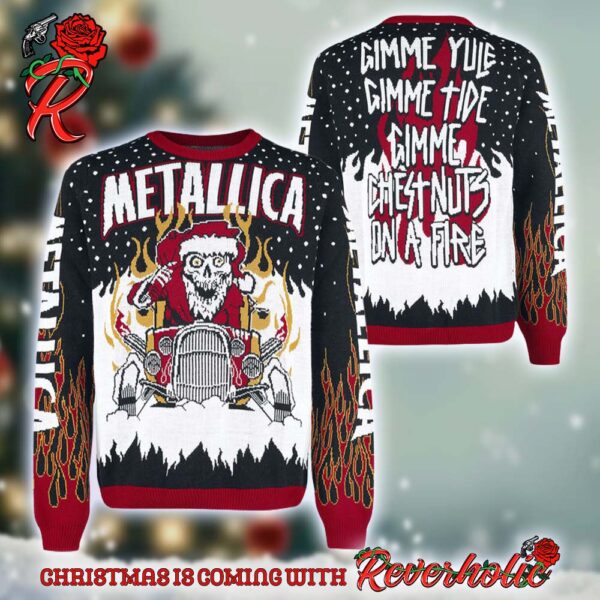 Metallica Gimme Yule Holiday Gimme Chest Nuts On A Fire Skeleton Santa On The Hot Rod Holiday Christmas Ugly Sweater