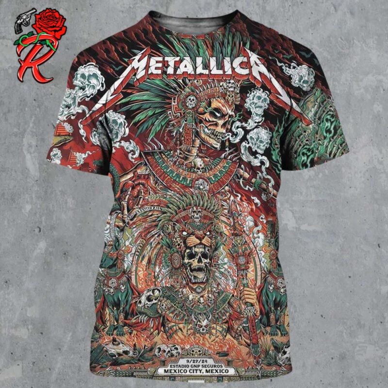 Metallica M72 CDMX Mexico City Night 3 Poster For Estadio GNP Seguros On September 27 2024 Met On Tour Aztec Warrior Artwork By Juan Ma Orozco All Over Print Shirt