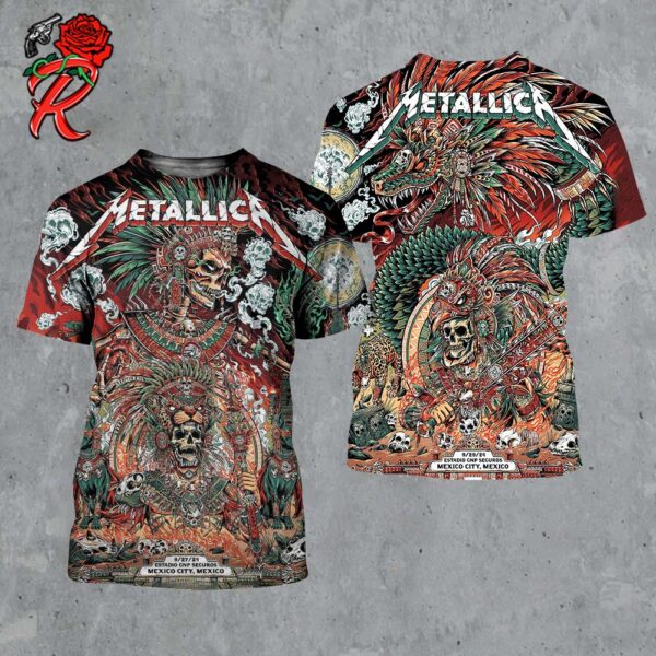 Metallica M72 CDMX Mexico City Weekend 2 Full Shows Combined Poster At Estadio GNP Seguros On September 27 And 29 2024 Aztec Empire Artwork Two Sides All Over Print Shirt