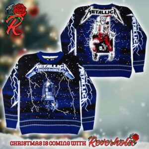 Metallica Ride The Lightning Skeleton Santa On The Electric Chair Iconic Ugly Christmas Sweater