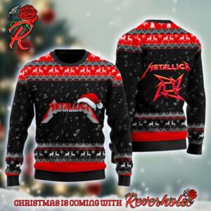 Metallica Signature Logo With Santa Hat Reindeer Pattern Black And Red Knitted Ugly Christmas Sweater