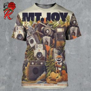 Mt Joy Band Show Poster For Rochester New York At Gordon Field Field House At Rit On October 1 2024 Stack Of Cameras With Tiger Mascot Artwork All Over Print Shirt