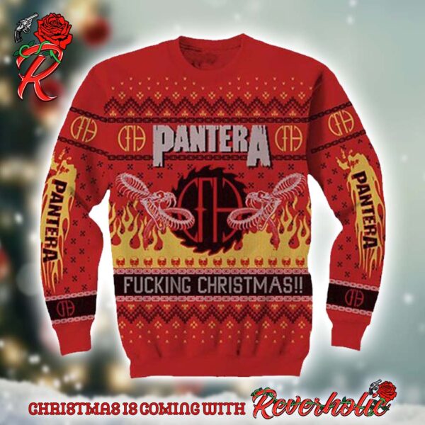 Pantera Fucking Christmas Snake In Flame Pattern Knitted Ugly Christmas Sweater