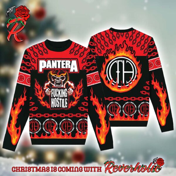 Pantera Fucking Hostile Skeleton With Flame Pattern Knitted Holiday Ugly Christmas Sweater