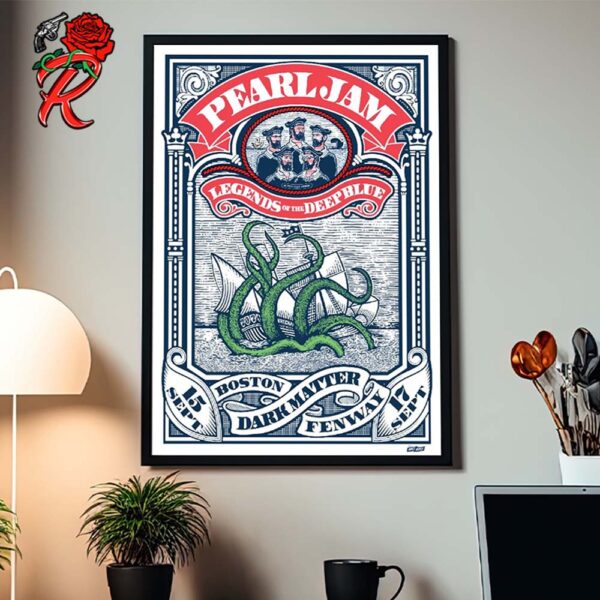 Pearl Jam Event Poster For Boston MA At Fenway Park On September 15 And 17 2024 Legends Of The Deep Blue Sailors Versus Kraken Artwork By Ames Bros Decor Poster Canvas