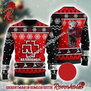 Rammstein Rock Band Big Logo With Baby Groot Snowflakes Pattern Personalized Ugly Christmas Sweater