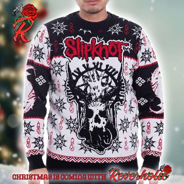 Slipknot Band Goat Skull Horror With Snowflakes Pattern Holiday Gift Ugly Christmas Sweater