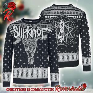 Slipknot Fucking Holidays Logo And Goat Head Blink Pattern Black And Grey Knitted Ugly Christmas Sweater