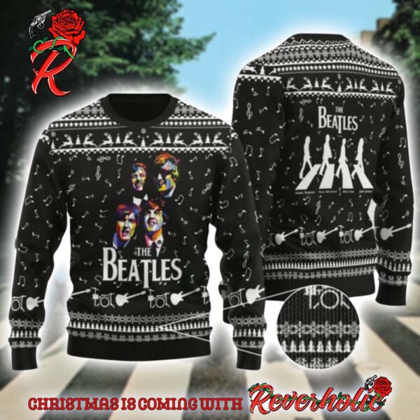 The Beatles Band Graphic With Music Pattern Classic Black Ugly Christmas Sweater