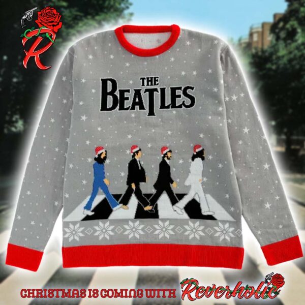 The Beatles Signature Abbey Road Band Members With Santa Hats Snowy Street Grey Knitted Ugly Christmas Sweater