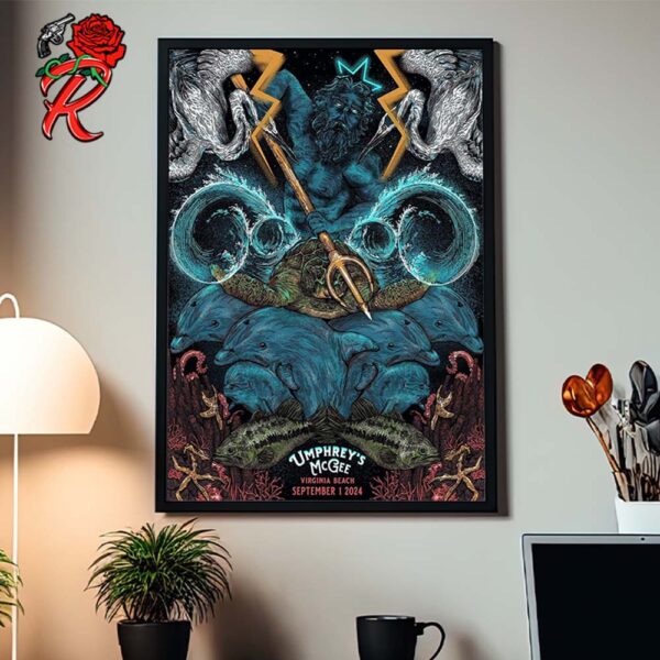 Umphreys McGee Gig Poster For Concert In Virginia Beach On September 1 2024 The Poseidon King Of The Sea Artwork Home Decor Poster Canvas