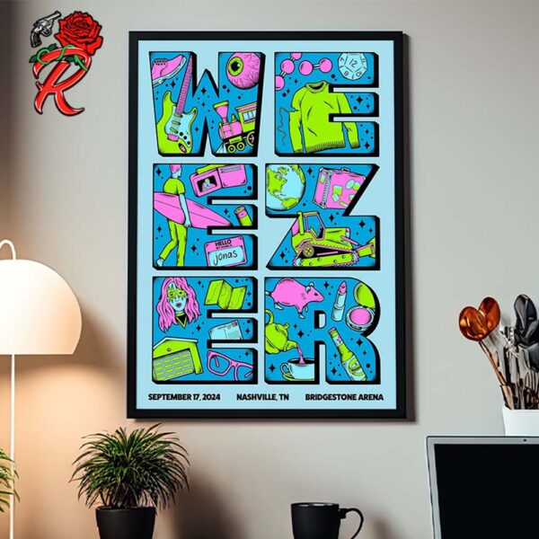 Weezer Poster For Nashville TN Show At Bridgestone Arena On September 17 2024 Home Decor Poster Canvas