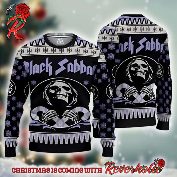 Black Sabbath Band The Death Skeleton Holding Candy Cane Ugly Christmas Sweater