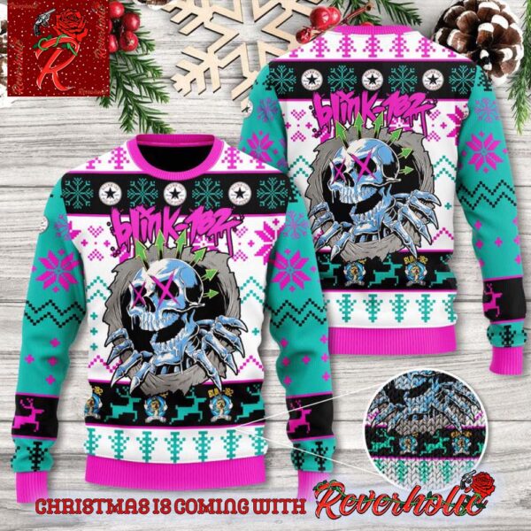 Blink 182 Punk Rock Skeleton With Logo Holiday Gift Knitted Ugly Christmas Sweater