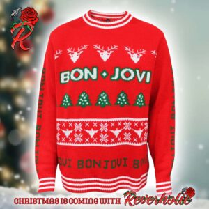 Bon Jovi Holiday Party Xmas Tree Red Knitted Ugly Christmas Sweater