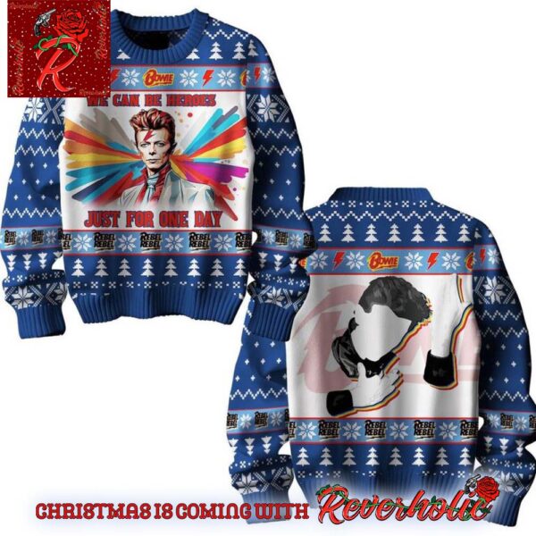 David Bowie We Can Be Heroes Just For One Day Rebel Knitted Blue Ugly Christmas Sweater