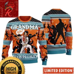 Elvis Presley Never Underestimate A Grandma Who Listening Orange Ugly Christmas Sweater 2024