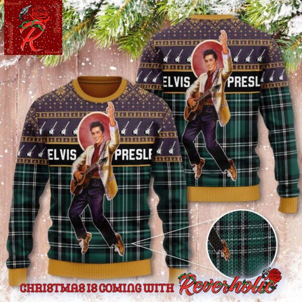 Elvis Presley The Elvis Pose With Plaid Pattern Music Fans Gift Ugly Christmas Sweater