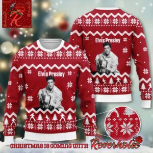 Elvis Presley With His Guitar Knitted Red Ugly Christmas Sweater