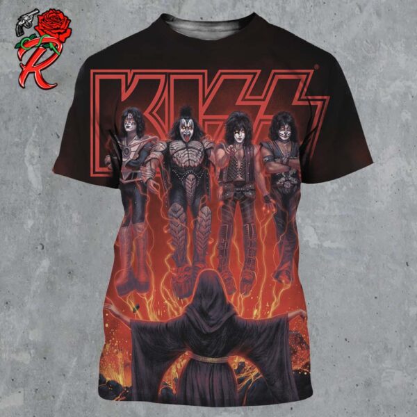 Kiss Conjuring Flames Poster Exclusive 2024 Kiss Halloween Collection All Over Print Shirt