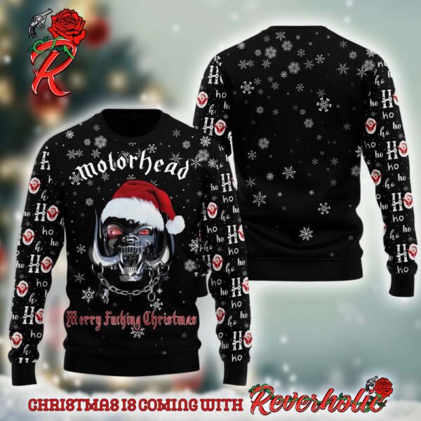 Motorhead Merry Fucking Christmas Snaggletooth Mechanic Logo With Santa Hat Ho Ho Ho Ugly Christmas Sweater