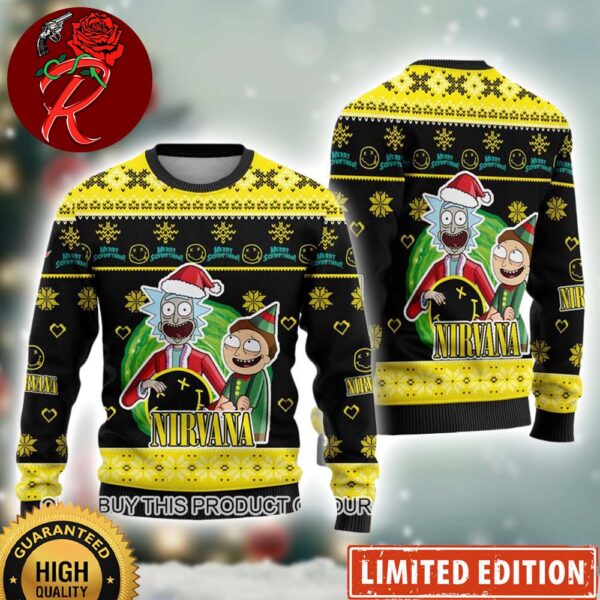 Nirvana Band Rick and Morty Xmas 2024 Snowy Ugly Christmas Sweater