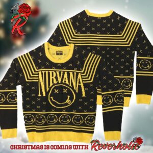 Nirvana Band Smiley Pattern Signature Black And Yellow Xmas Gift For Fans Ugly Christmas Sweater