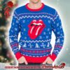 Rolling Stones Vintage Gilet Style Big Tongue Logo With Green And Snowflakes Background Knitted Red Ugly Christmas Sweater