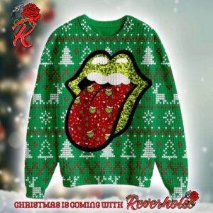 Rolling Stones Grinch Tongue Pattern Green Lips Ugly Christmas Sweater