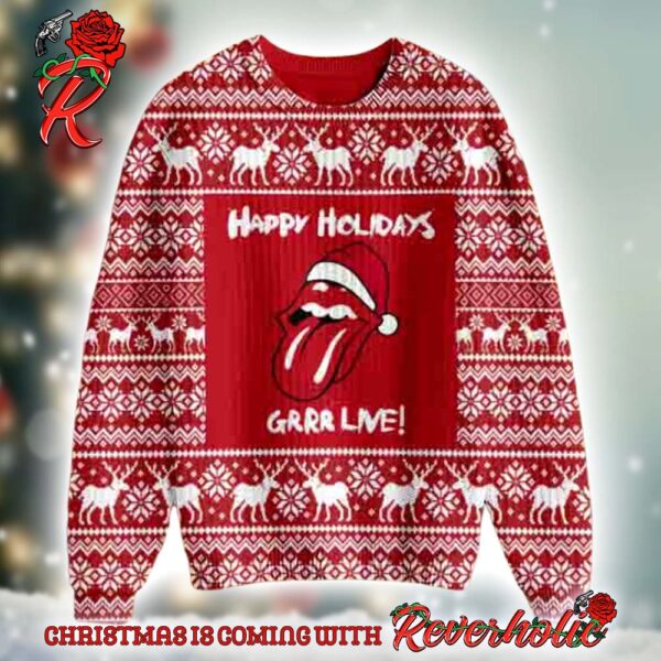 Rolling Stones Happy Holidays Grrr Live Reindeer Pattern Red Ugly Christmas Sweater