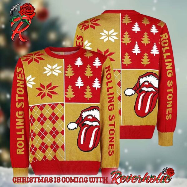 Rolling Stones Holiday Logo With Santa Hat Rhombus Pattern Sknowflakes Knitted Vintage Ugly Christmas Sweater