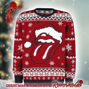 Rolling Stones Santa Tongue Snowy Knitted Red Ugly Christmas Sweater