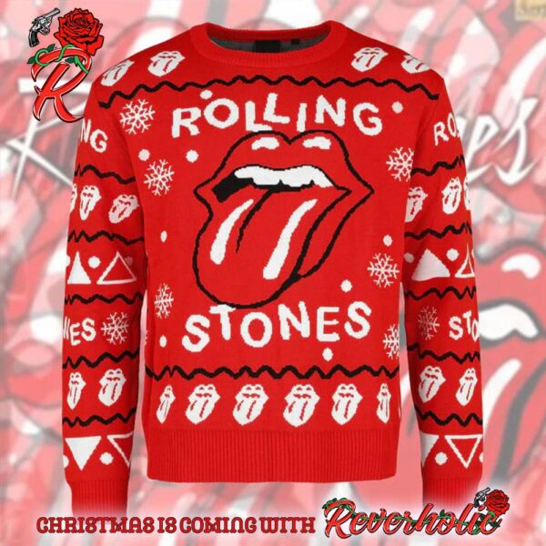 Rolling Stones Signature Tounge Logo All Over Pattern Knitted Red Ugly Christmas Sweater