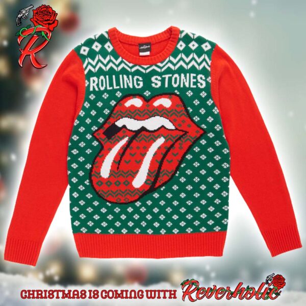 Rolling Stones Vintage Gilet Style Big Tongue Logo With Green And Snowflakes Background Knitted Red Ugly Christmas Sweater