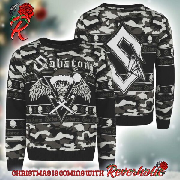 Sabaton Santa Hat Big Logo Knitted Camo Theme 2024 Ugly Christmas Sweater