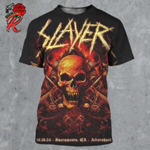 Slayer Aftershock Festival 2024 Merch Poster In Sacramento California On October 10 2024 Raining Blood And Black Magic All Over Print Shirt