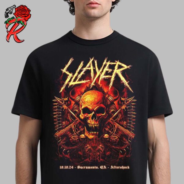 Slayer Aftershock Festival 2024 Merch Poster In Sacramento California On October 10 2024 Raining Blood And Black Magic Unisex T-Shirt