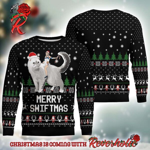 Taylor Swift Ride A Cat With Santa Hat Olivia Benson Merry Swiftmas In Black Ugly Christmas Sweater