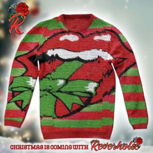 The Rolling Stones Gift Tongue Red And Green Stripes Present Pattern Ugly Christmas Sweater